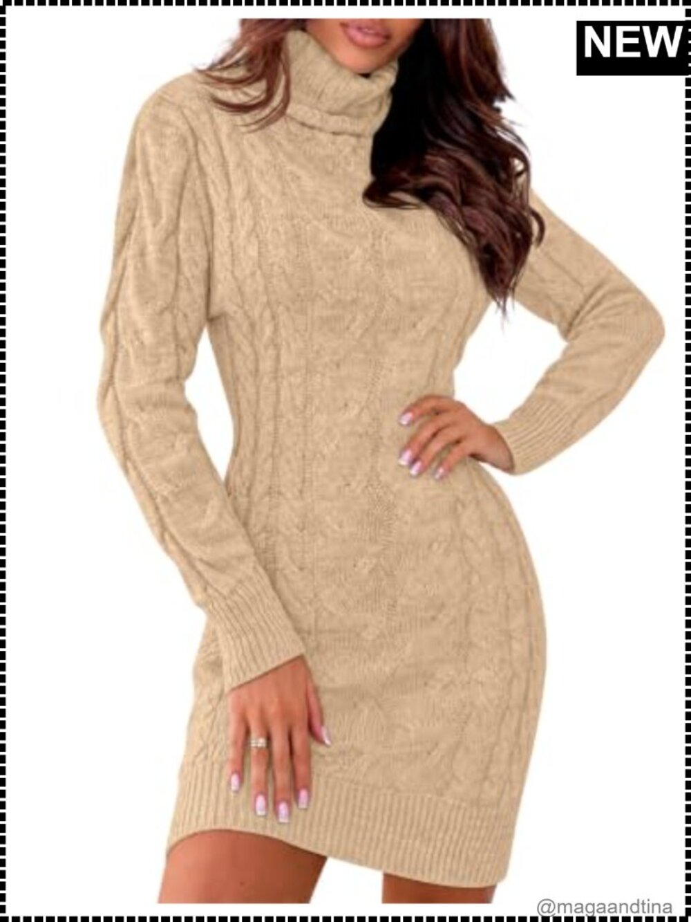 Cable Knit Turtleneck Bodycon Mini Sweater Dress